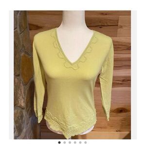 Cache Women's M Green V-Neck Knit Sweater Lace Trim Long Sleeve Casual